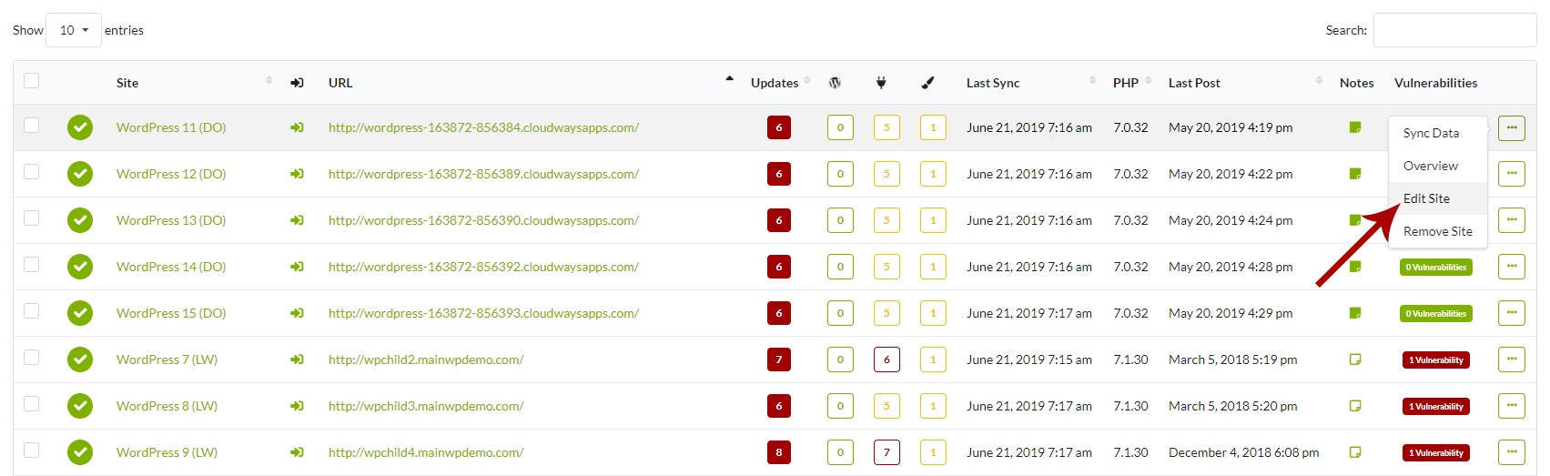 Locate one site and click the Edit action