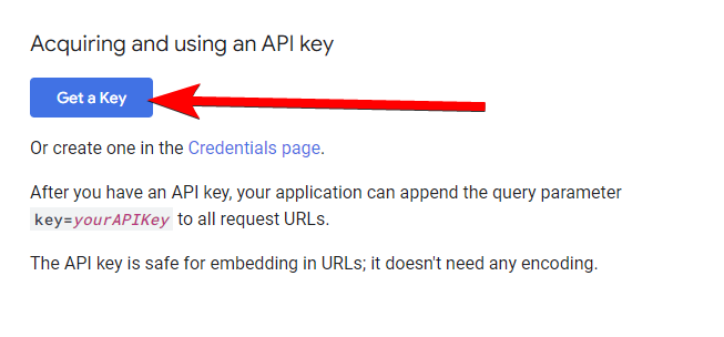 Screenshot of Google PageSpeed documentation page with Get a Key button