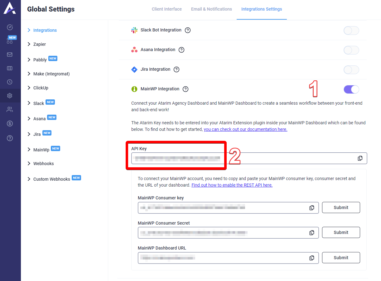 Atarim & MainWP integration API Key
