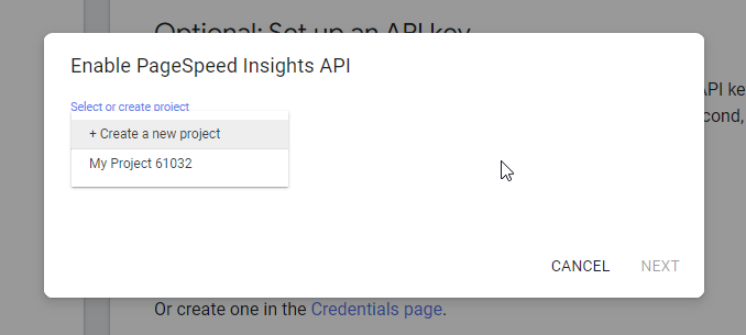 Screenshot of project selection dialog for API key creation