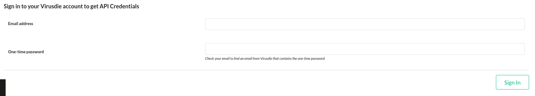 Screenshot of Virusdie login form with email and password fields
