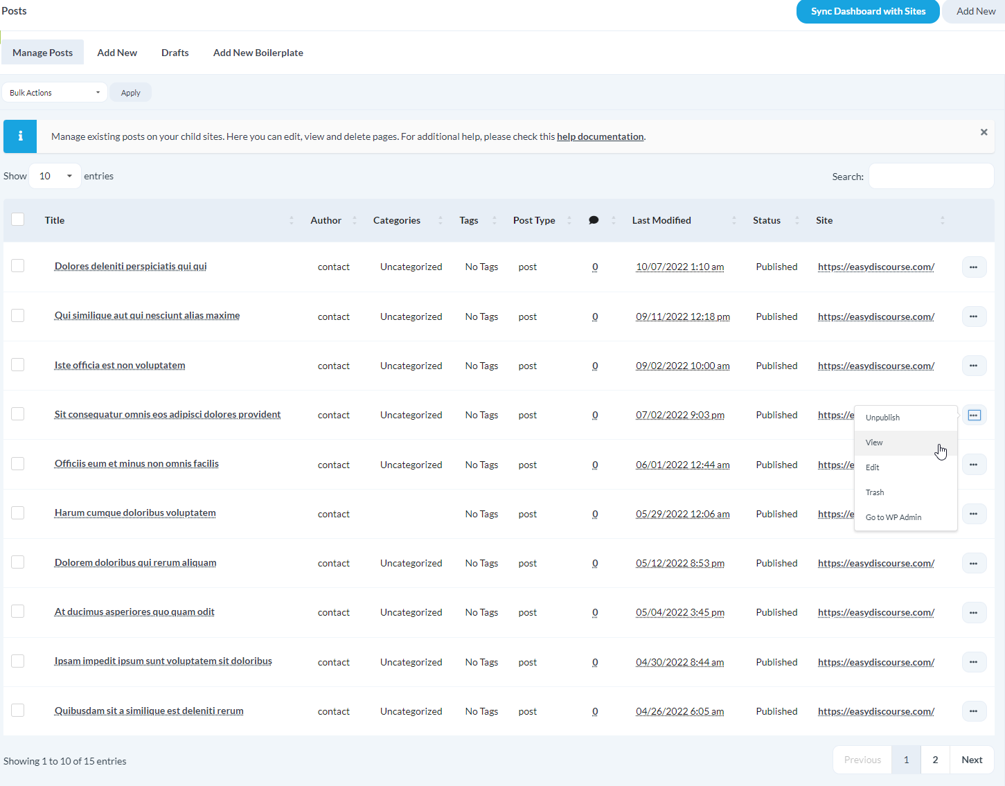 Posts table showing list of found posts
