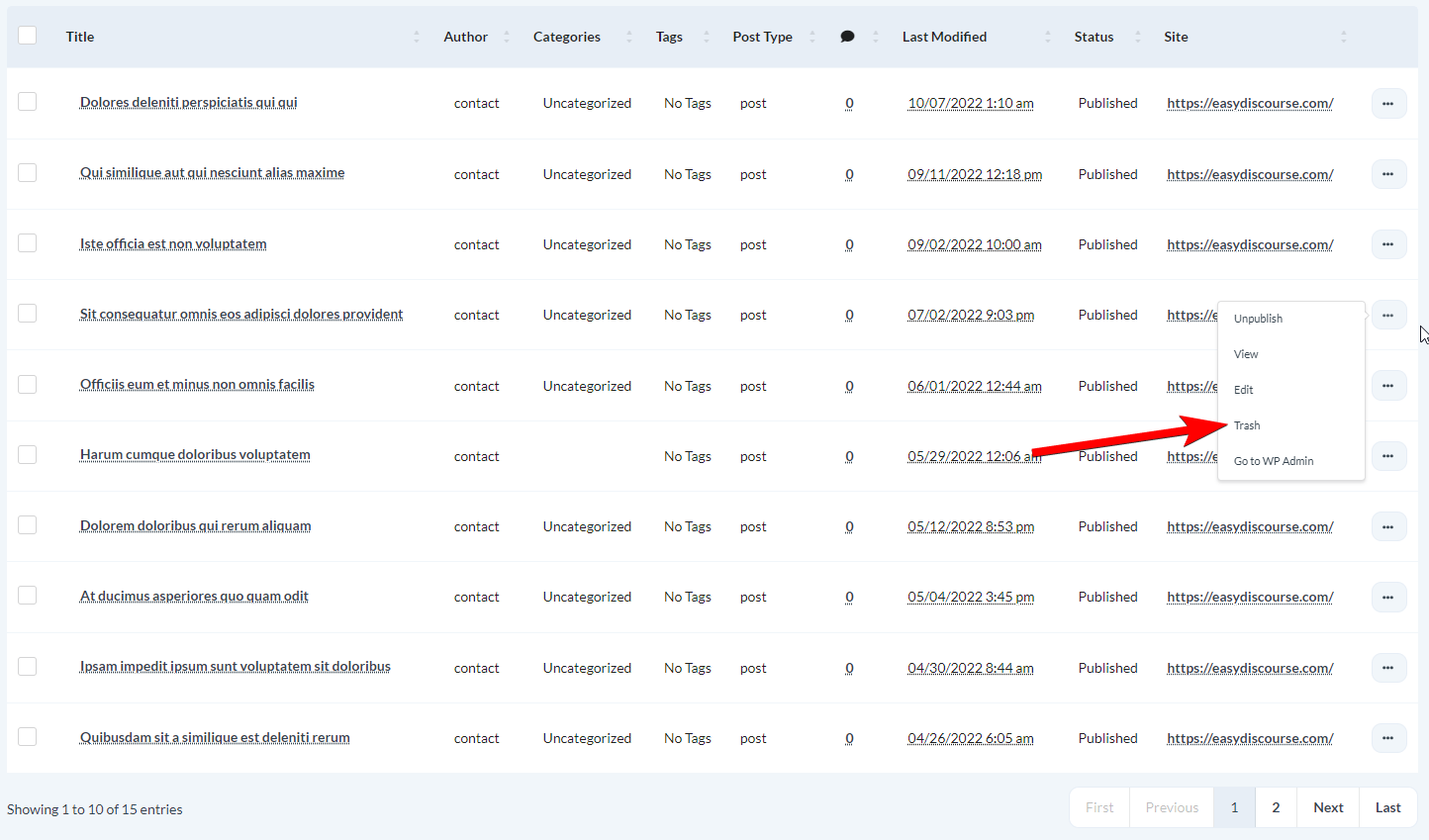 Posts table with Trash action option