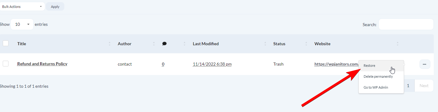 Click the Restore action