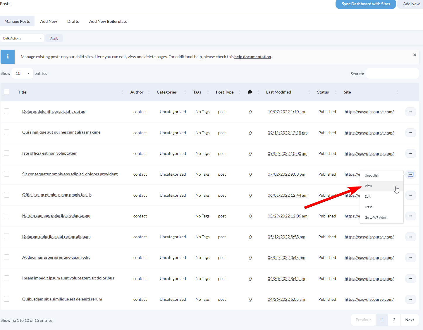 View action button in posts table row