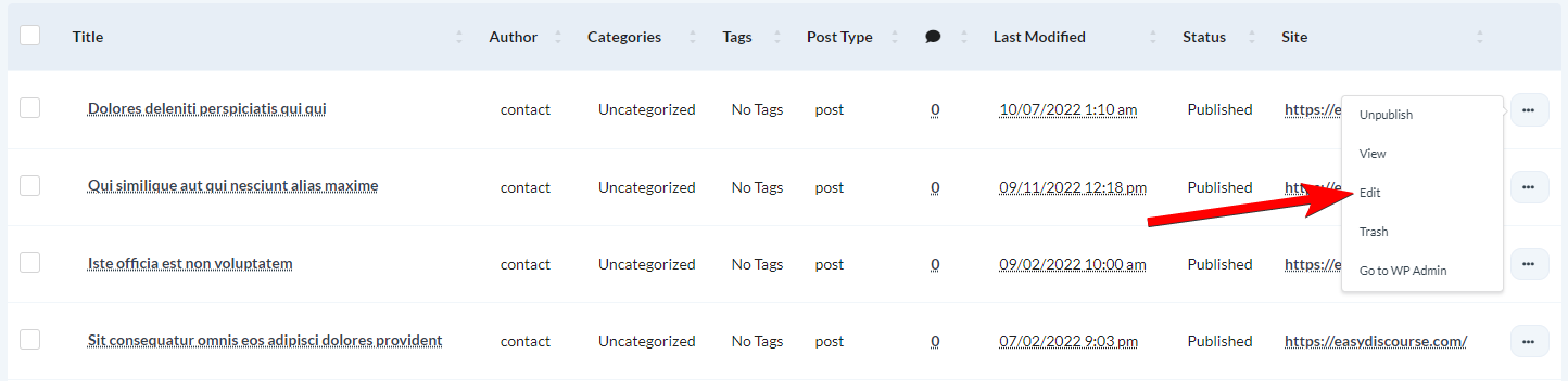 Edit action button in posts table row