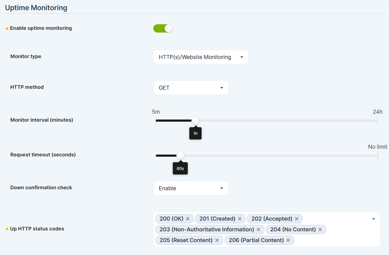 Uptime Monitoring settings