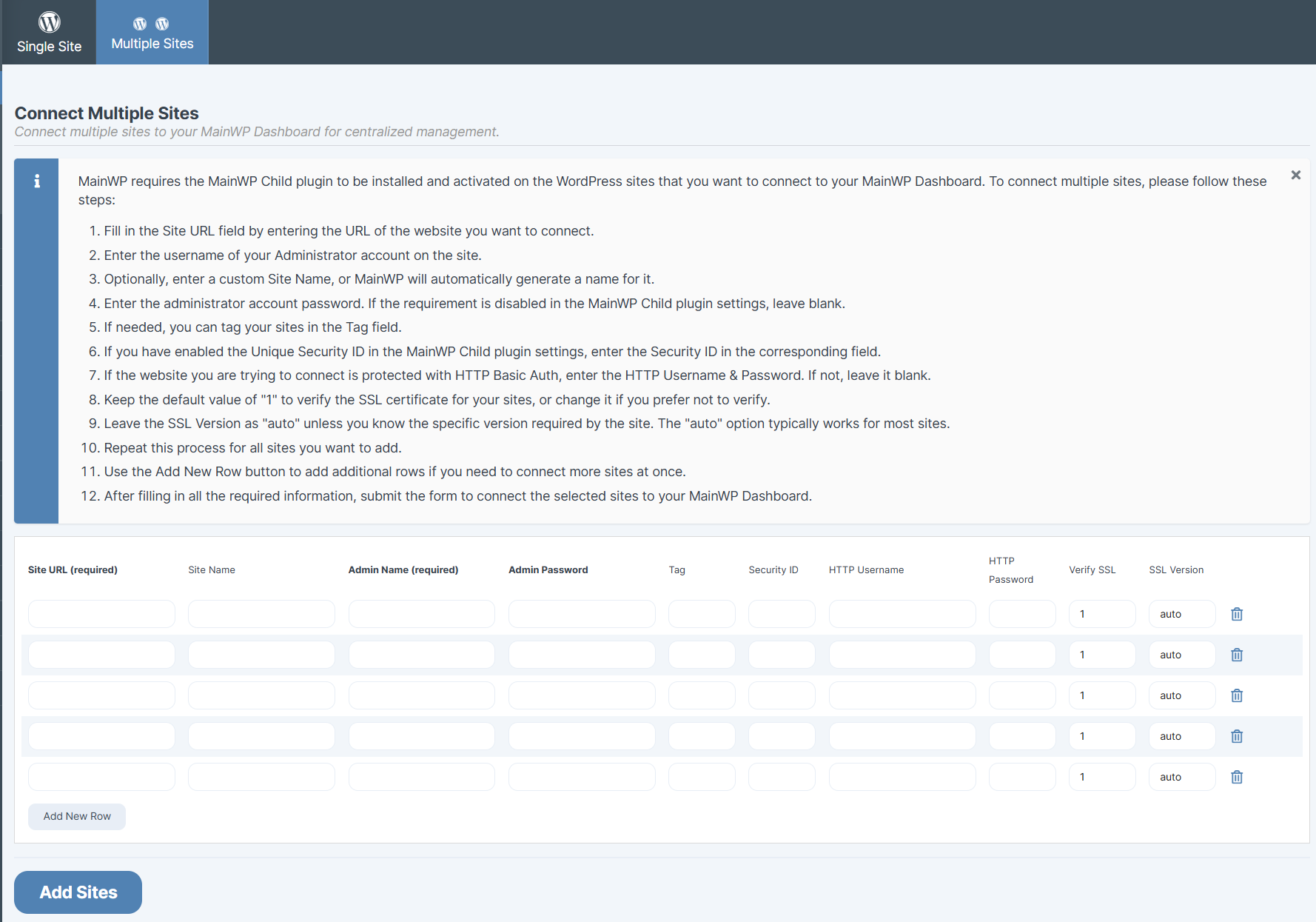 Connect Multiple Sites UI