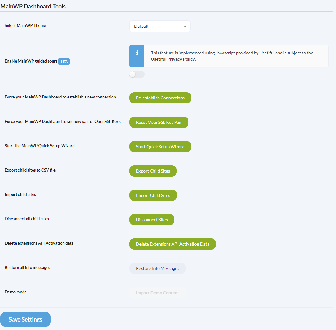 MainWP Tools section showing theme selection and various utility options
