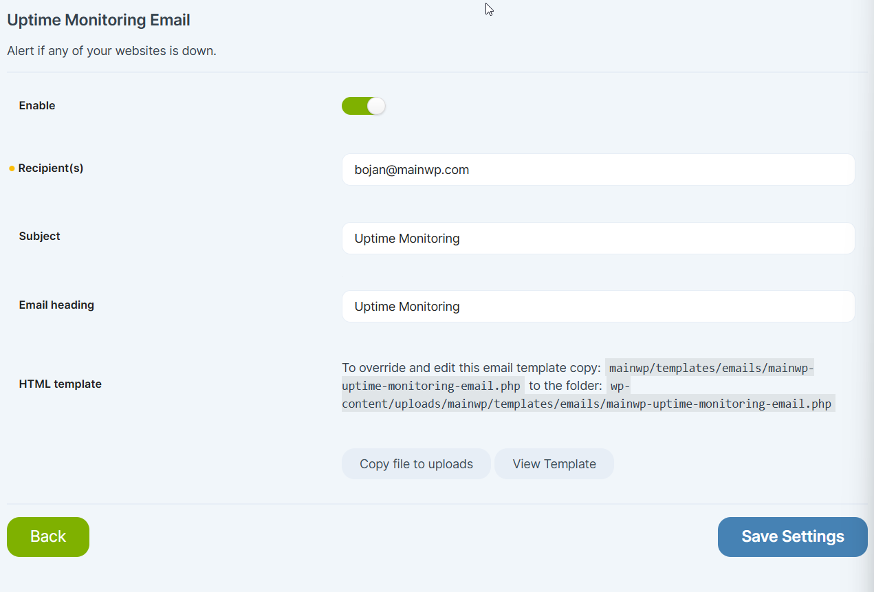 Uptime email settings