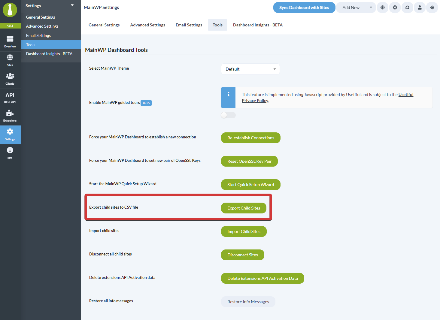 Export Child Sites button