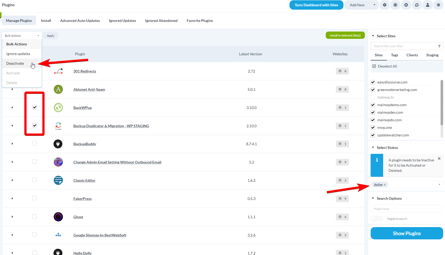 Manage Plugins table with active plugins selected for deactivation