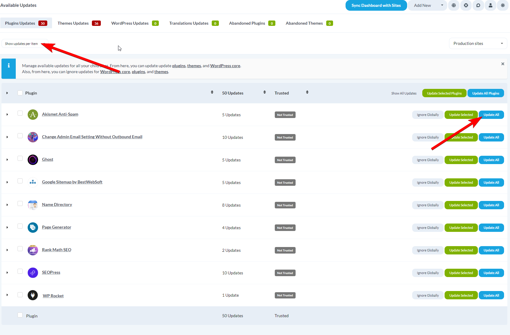 Plugin row showing Update All button for updating across sites