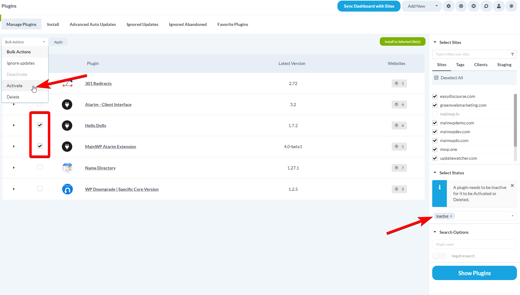 Manage Plugins table with checkboxes for site and plugin selection