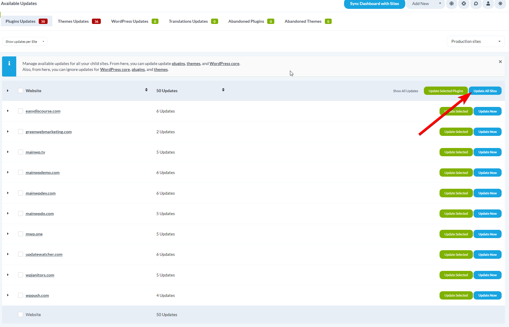 Update All Plugins button on the Updates page