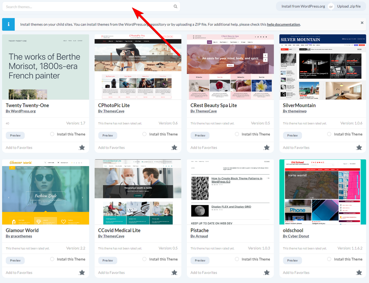 Search Themes field in the Install from WordPress.org tab