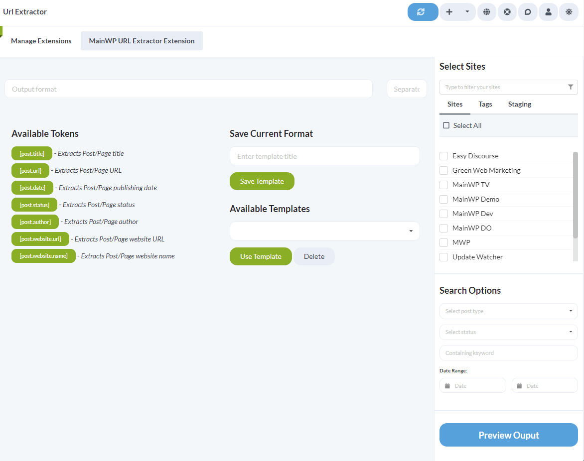 URL Extractor page with output format tokens and sidebar options