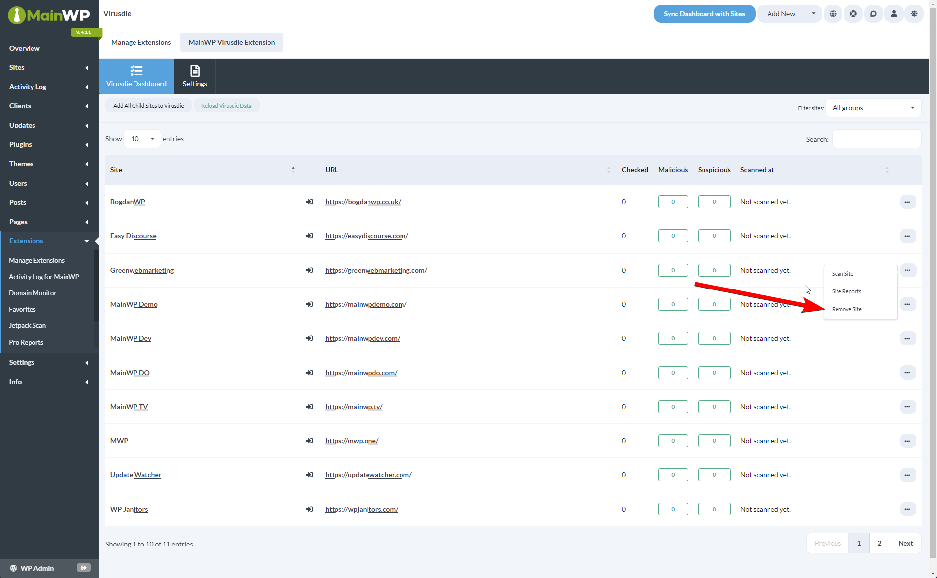 Click the Remove Site button