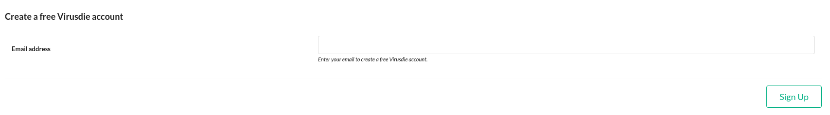 Screenshot of Virusdie Sign-Up form with email field and Sign-Up button