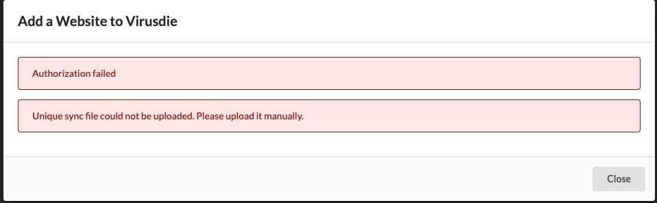 Screenshot showing error message: Unique sync file could not be uploaded
