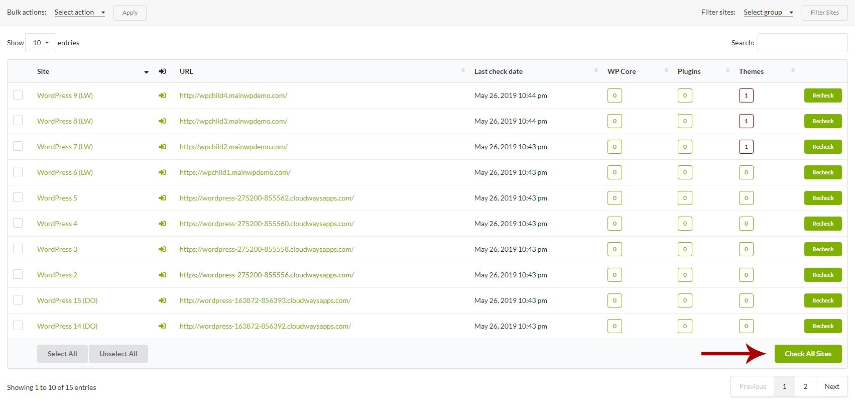 Screenshot of Vulnerability Checker overview page with Check all sites button highlighted