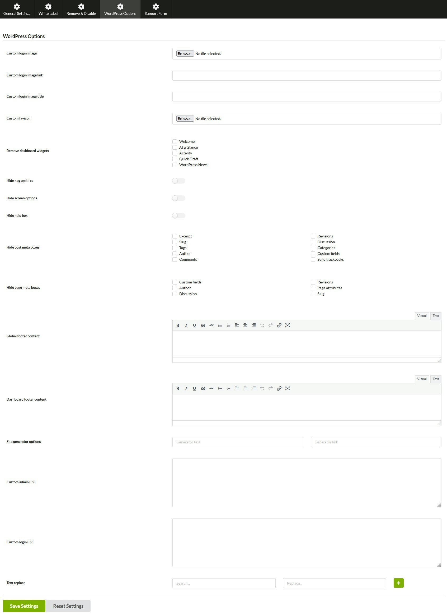 White Label - WordPress options