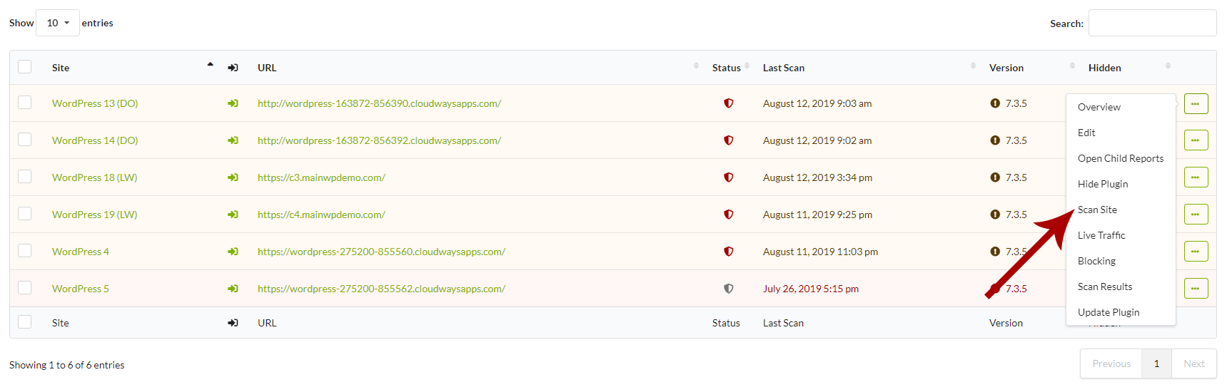 Screenshot highlighting the Scan Site action in the Wordfence extension