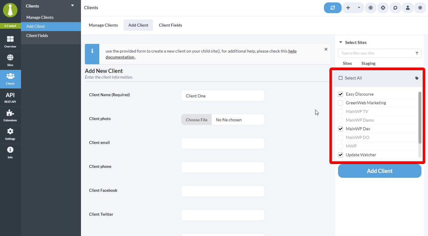 Sidebar showing child sites available to assign to the client