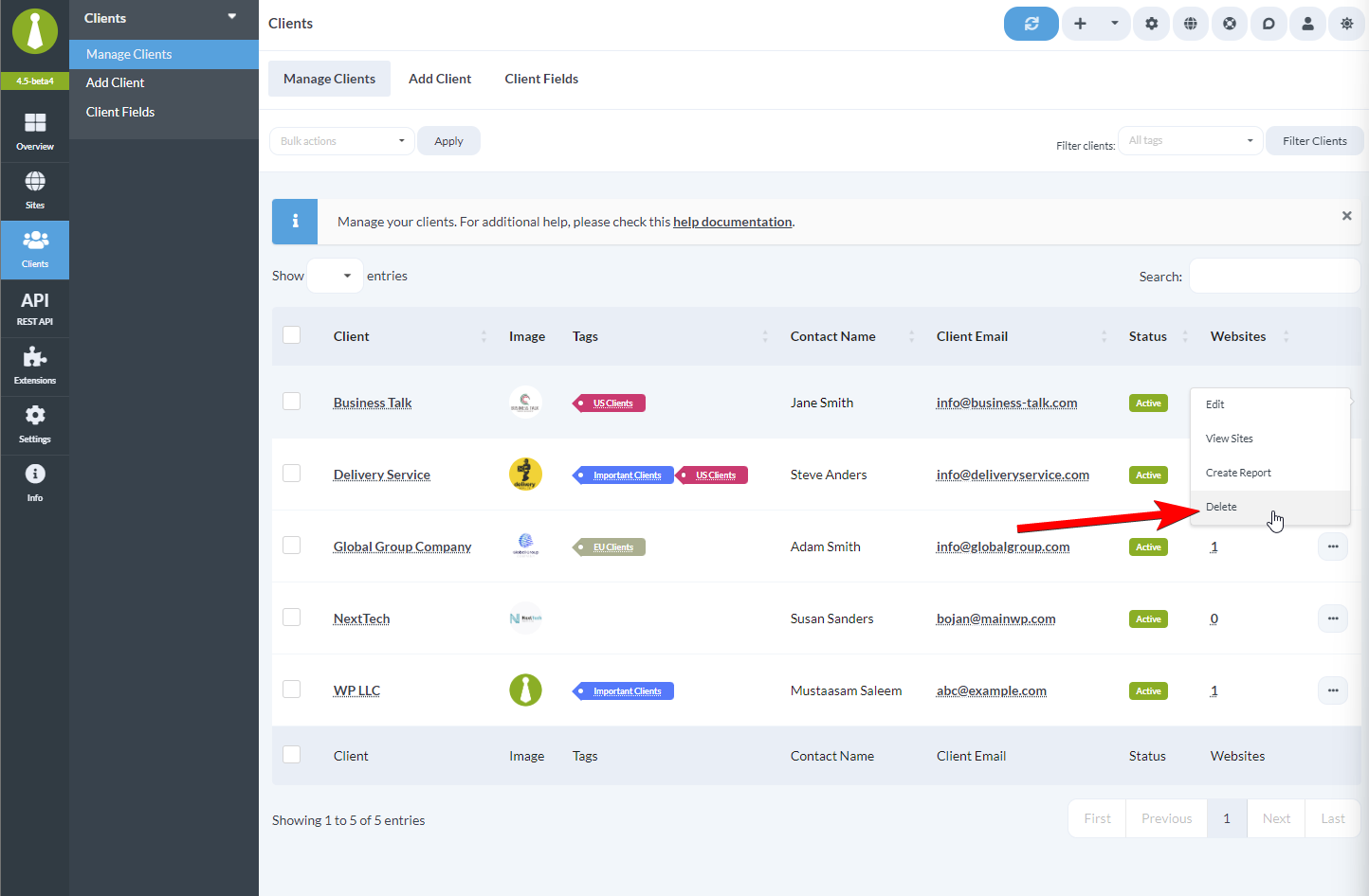 Delete action in the client actions menu