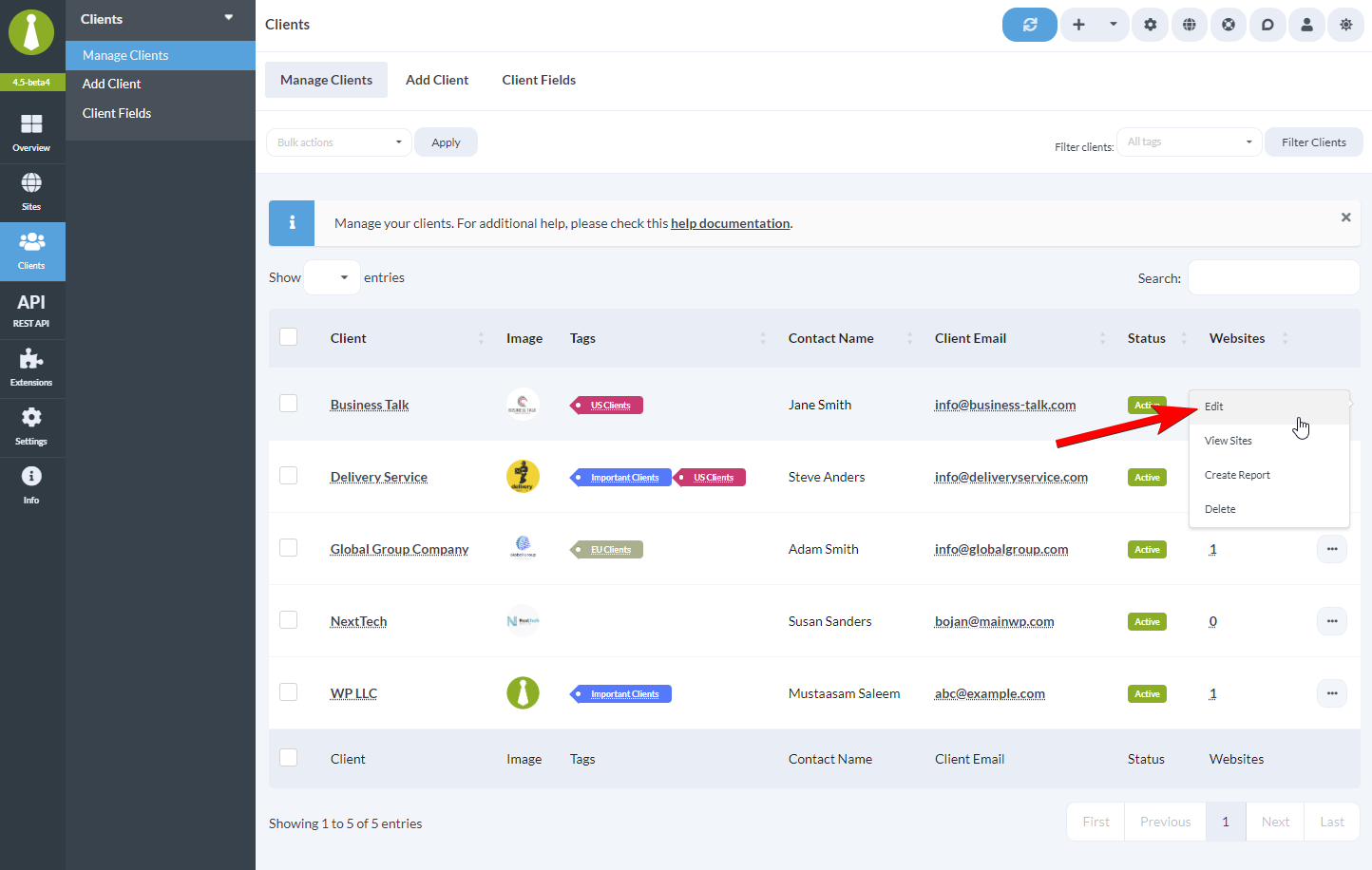 Select Edit action from the menu on the right
