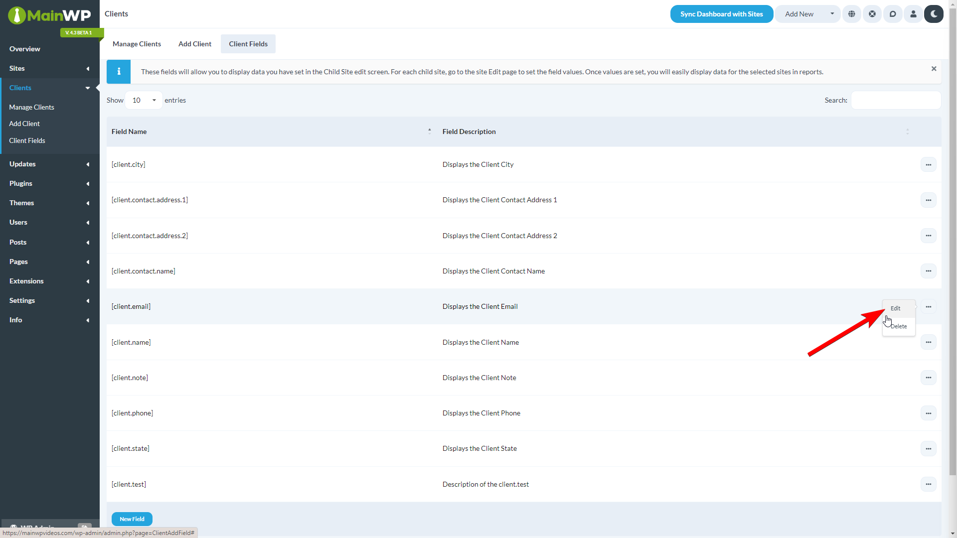 Edit action in the field actions menu