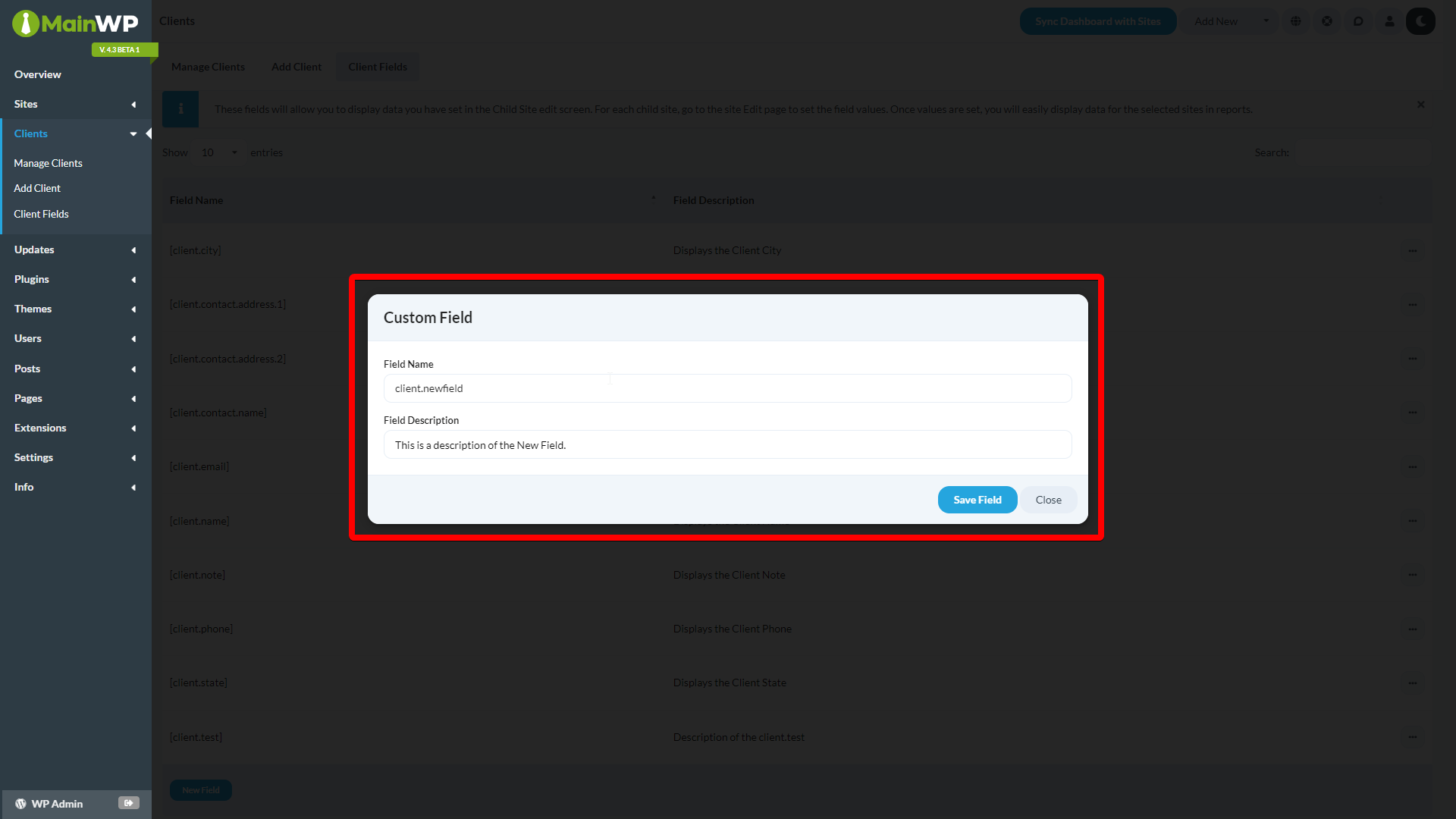 New Field form with Field Name and Description input fields