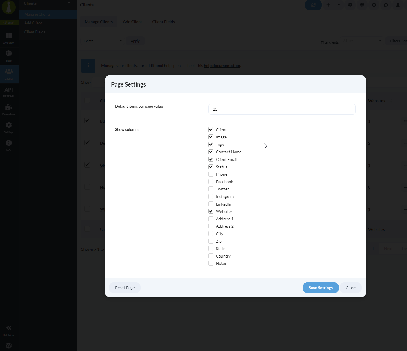 Page Settings dialog with column visibility and items per page options