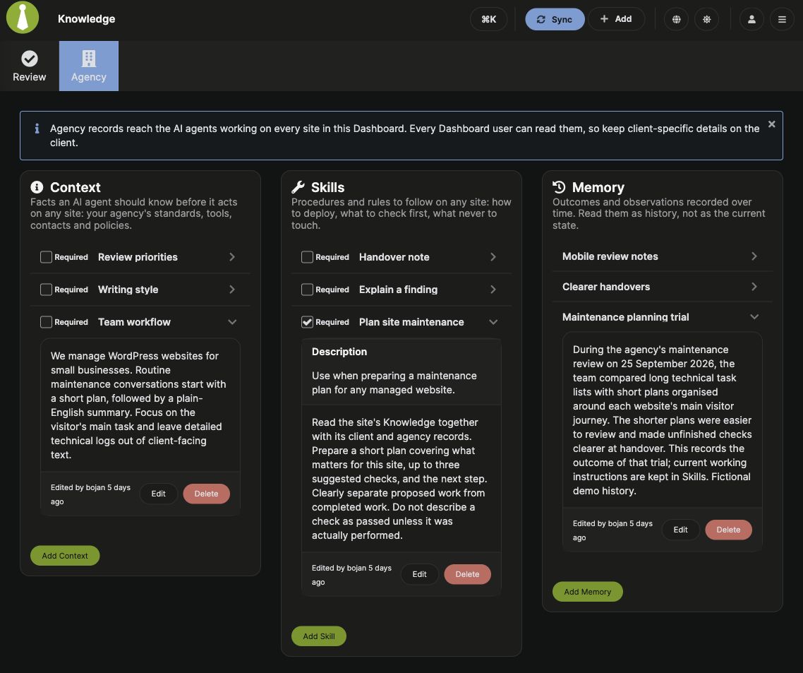 Agency Knowledge in dark mode with Context, Skills, and Memory examples expanded