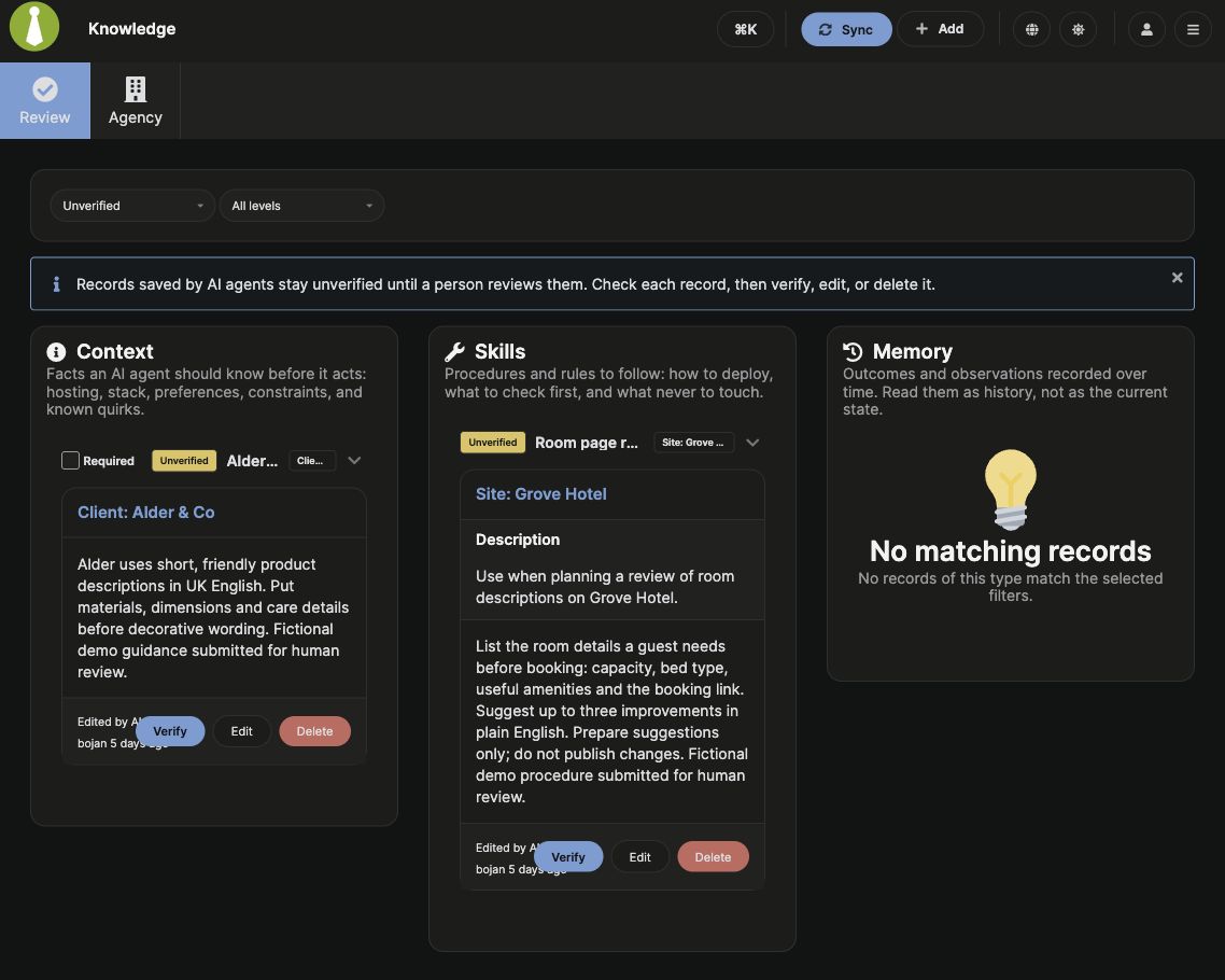 The Review queue with Unverified and All levels selected, expanded records, and Verify, Edit, and Delete controls