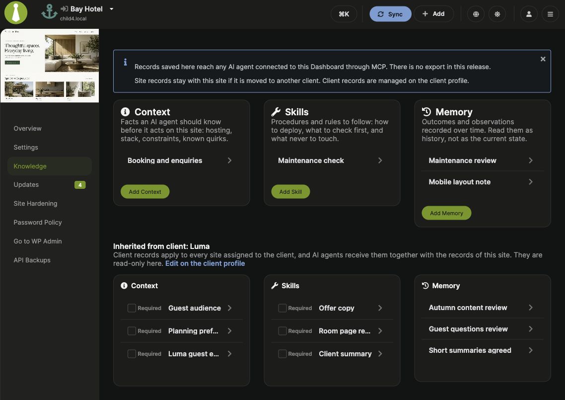 Bay Hotel's Knowledge page in dark mode, with its own records above read-only records inherited from Luma
