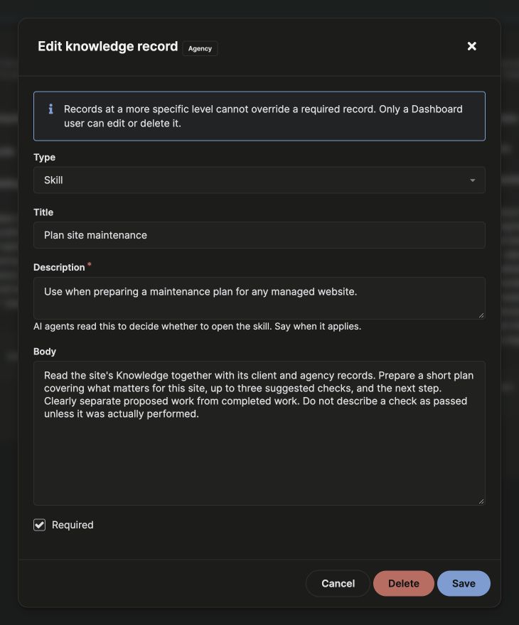 The Skill editor showing Title, Description, Body, and the checked Required setting