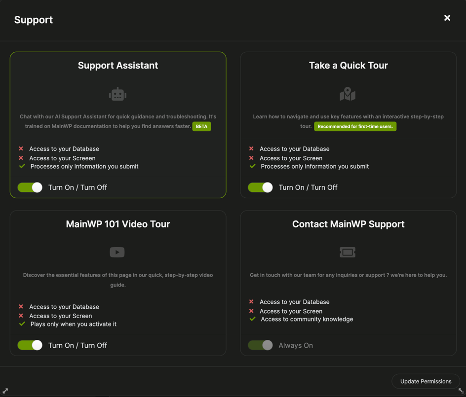 MainWP Support modal showing Support Assistant, Quick Tour, Video Tour, and Contact Support options