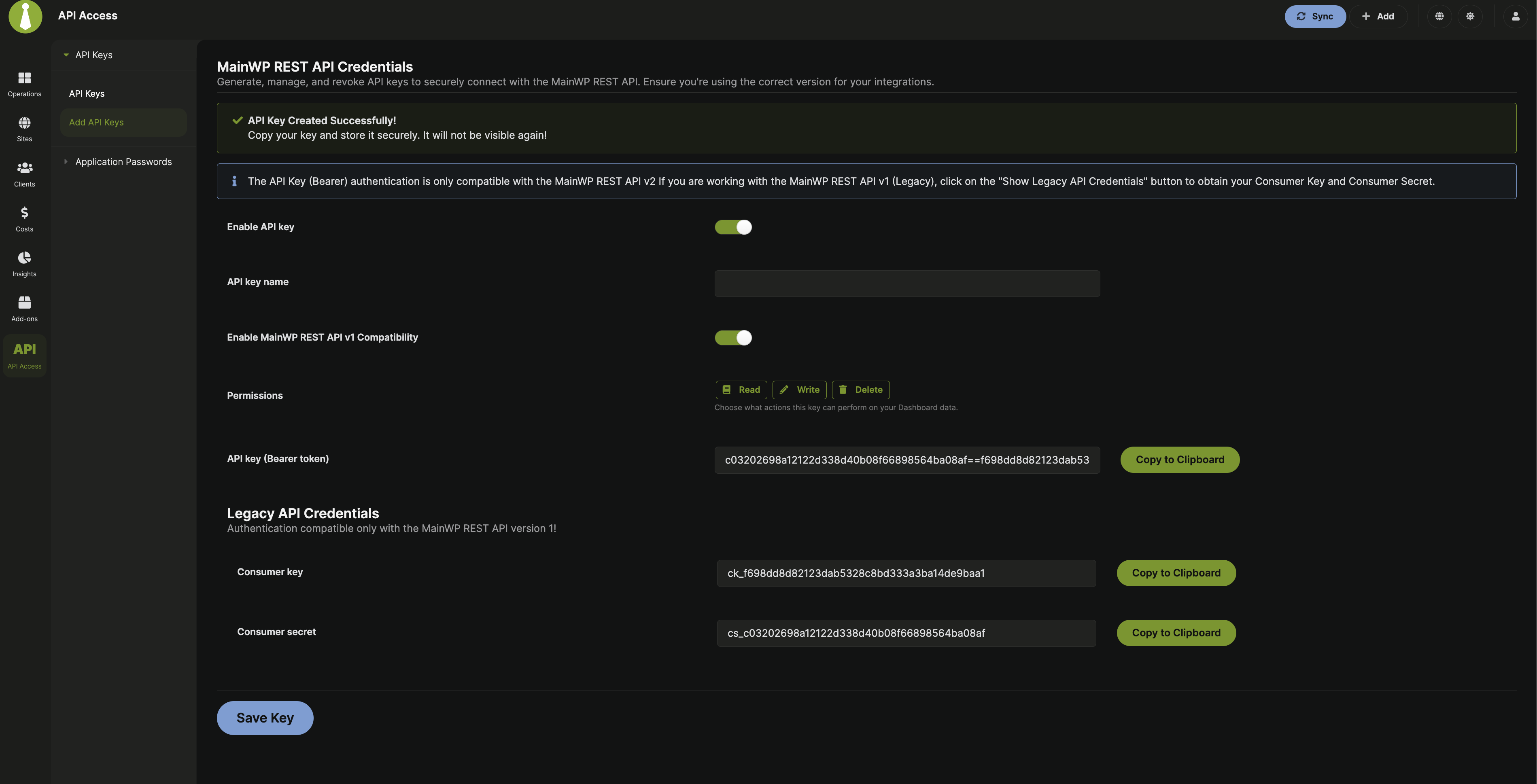 Add API key with v1 compatibility enabled