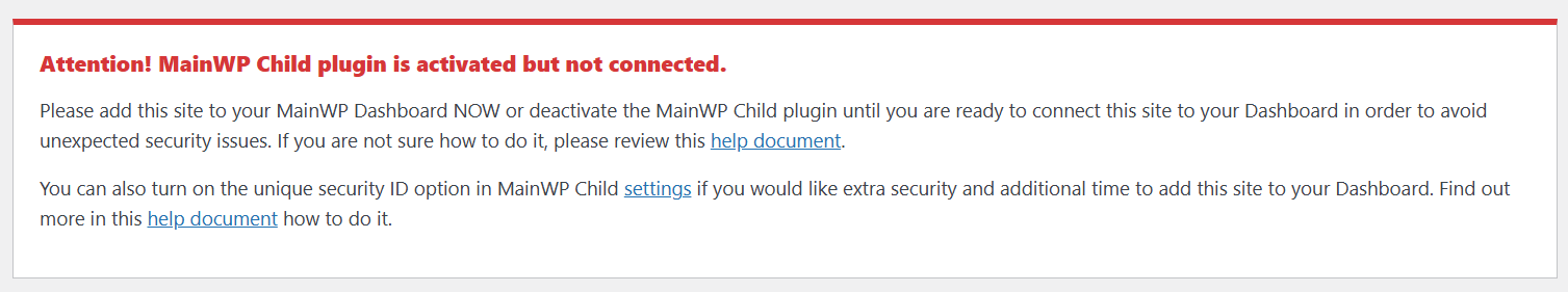MainWP Child plugin not connected notice displayed in WordPress admin