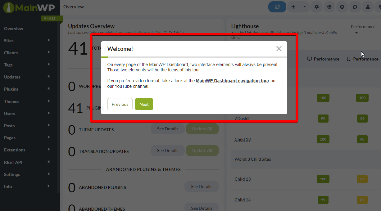 MainWP guided tour popup showing feature information