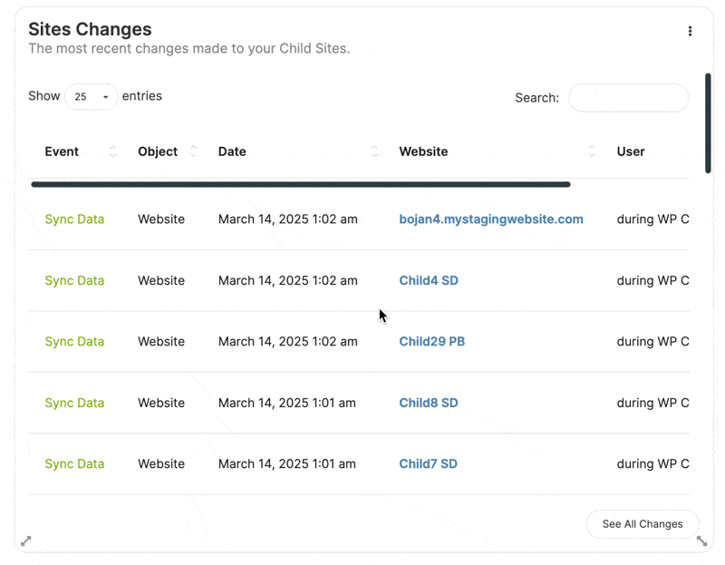 Animation showing how to filter Site Changes widget for Non-MainWP Changes only