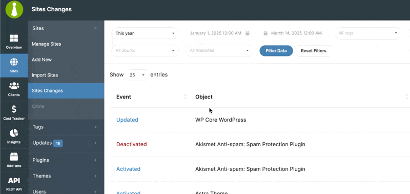 Animation showing how to filter Site Changes page by WP Admin source