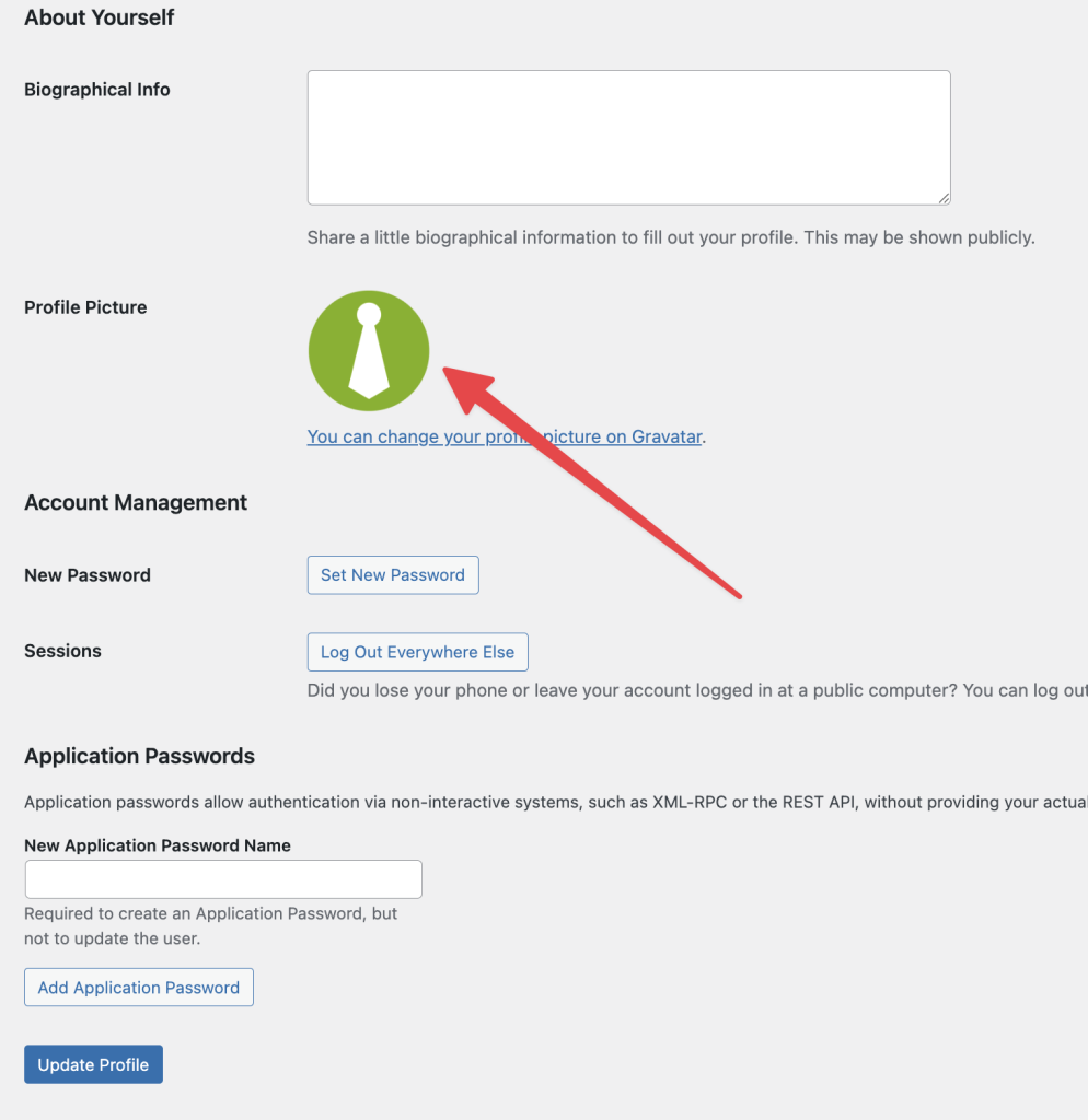 Profile picture in the WP Admin > Users profile page.