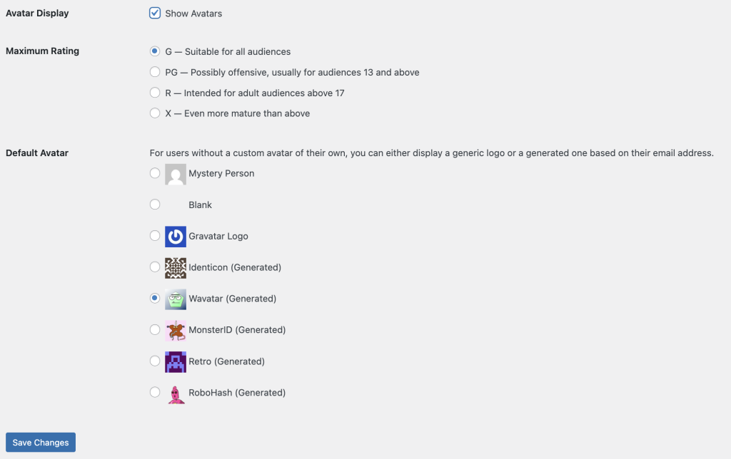 Avatar selection on the WP Admin > Settings > Discussion page.