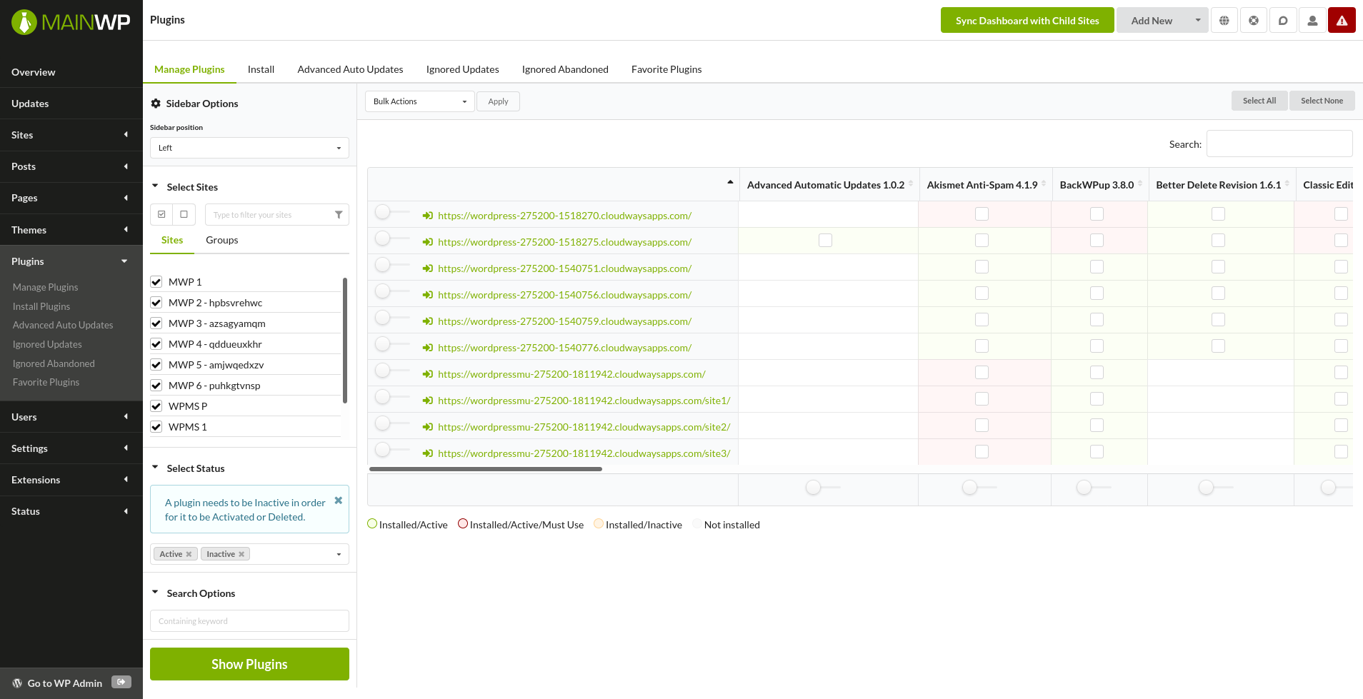 MainWP Dashboard with sidebar positioned on the left