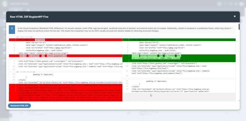Regression Testing comparison view showing HTML differences between scans