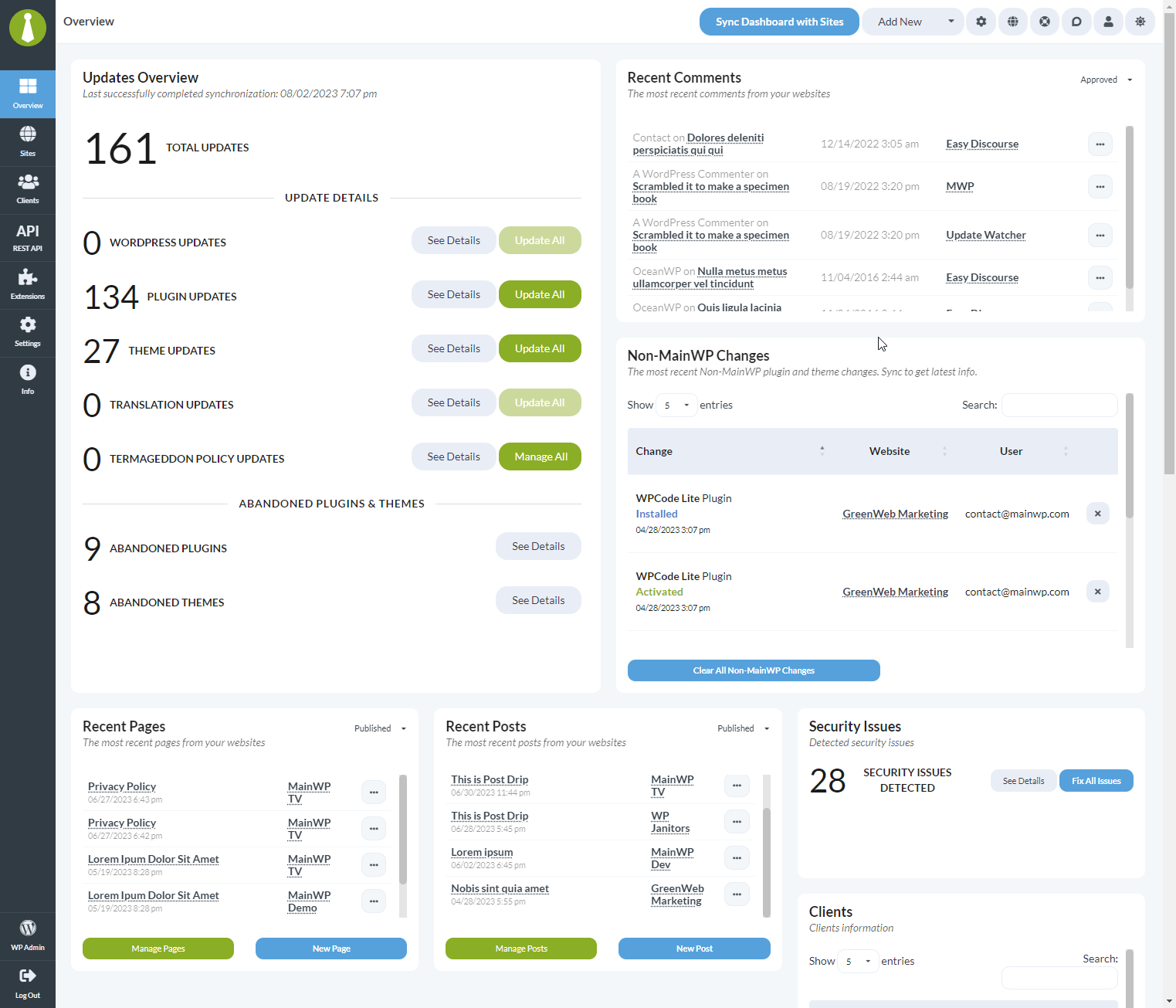 MainWP Dashboard showing flexible resizable widgets