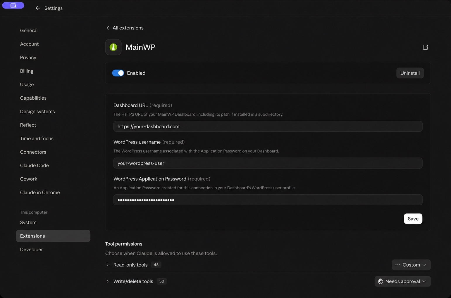MainWP connection settings in Claude Desktop with example Dashboard URL and username, a masked Application Password, Save, and the enabled toggle.