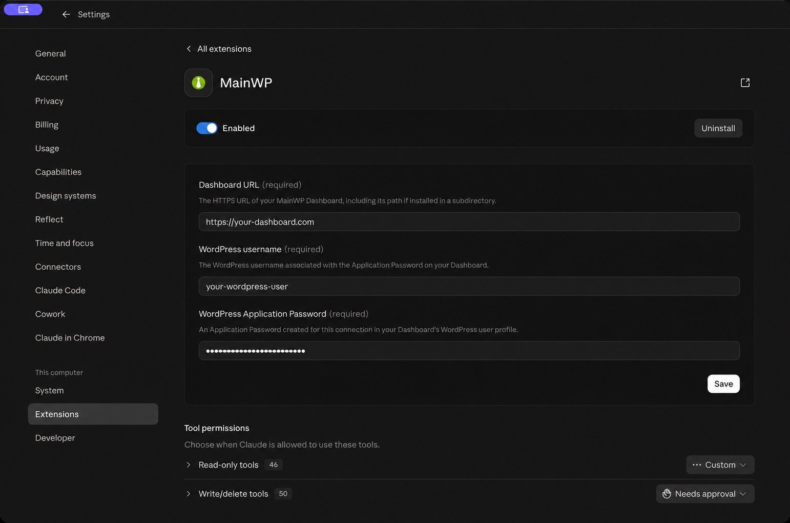 MainWP connection settings in Claude Desktop with example Dashboard URL and username, a masked Application Password, Save, and the enabled toggle.